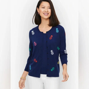 Talbots Navy Blue Multicolor Pineapple Prints Sweater Cardigan Women Size L